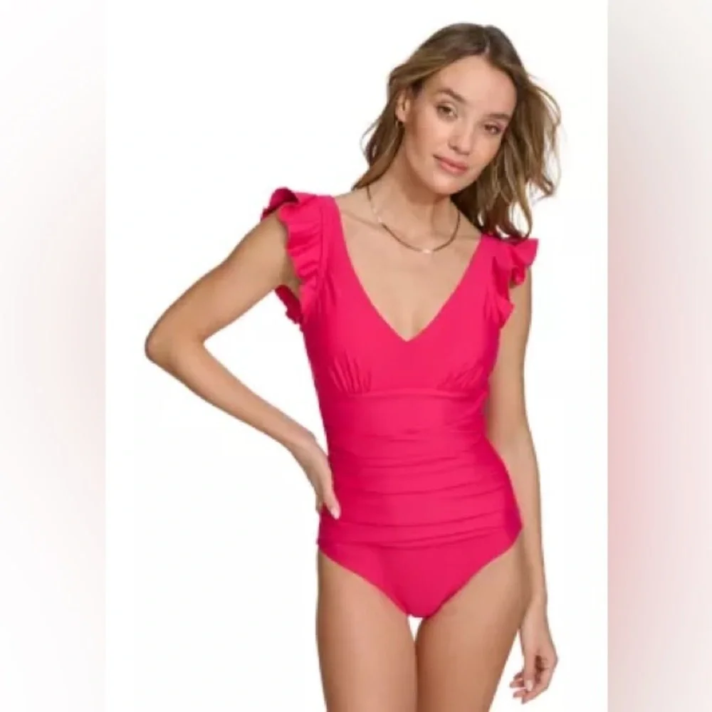 DKNY Plunging V-Neck Ruffle Shoulder One-Piece Swimsuit Size L LNC - Picture 1 of 5